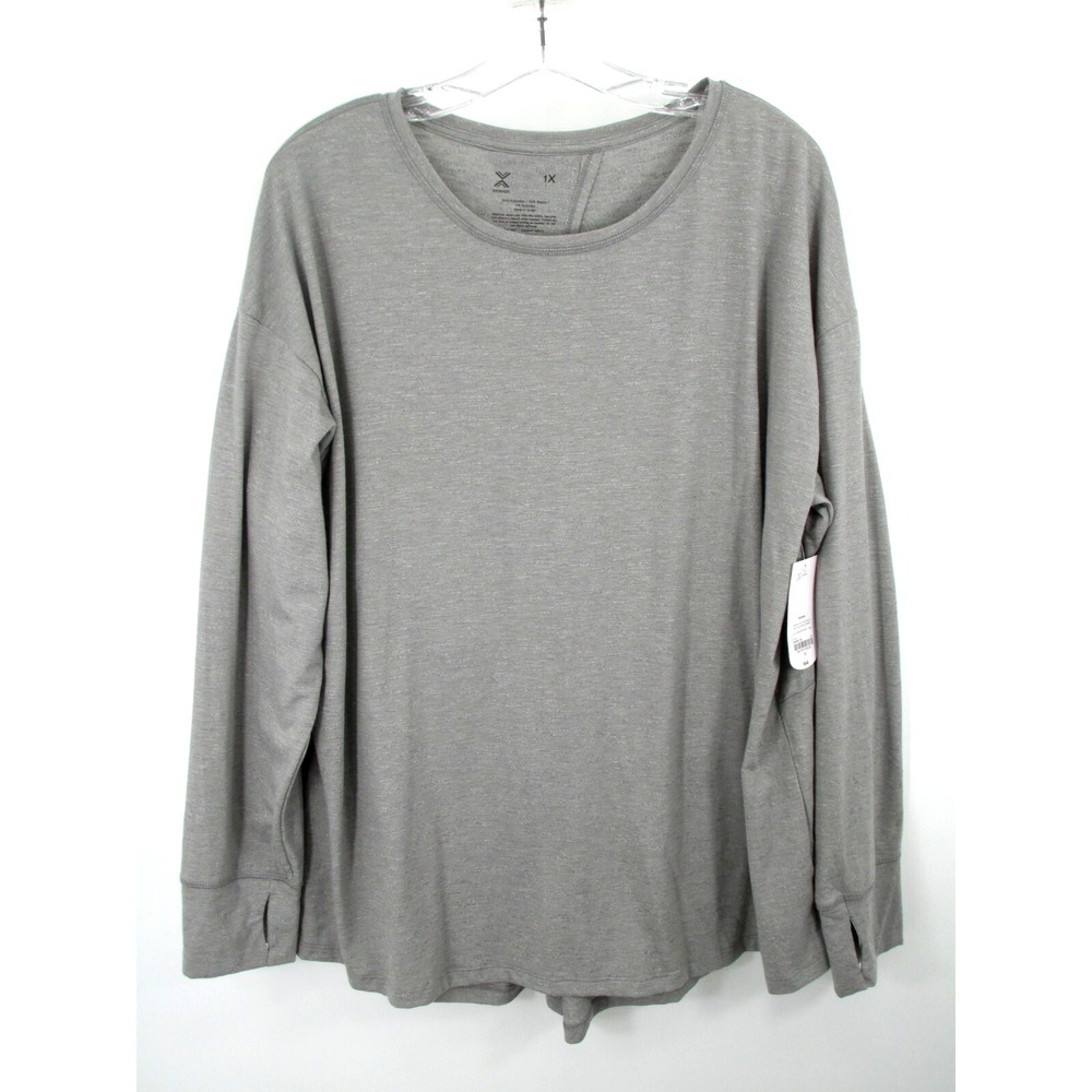 NWT XERSION Pullover Athletic Shirt Women 1X Gray Open Back Long Sleeve Stretch